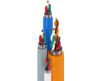 A bundle of access control cables in the colors grey, blue, orange, and white